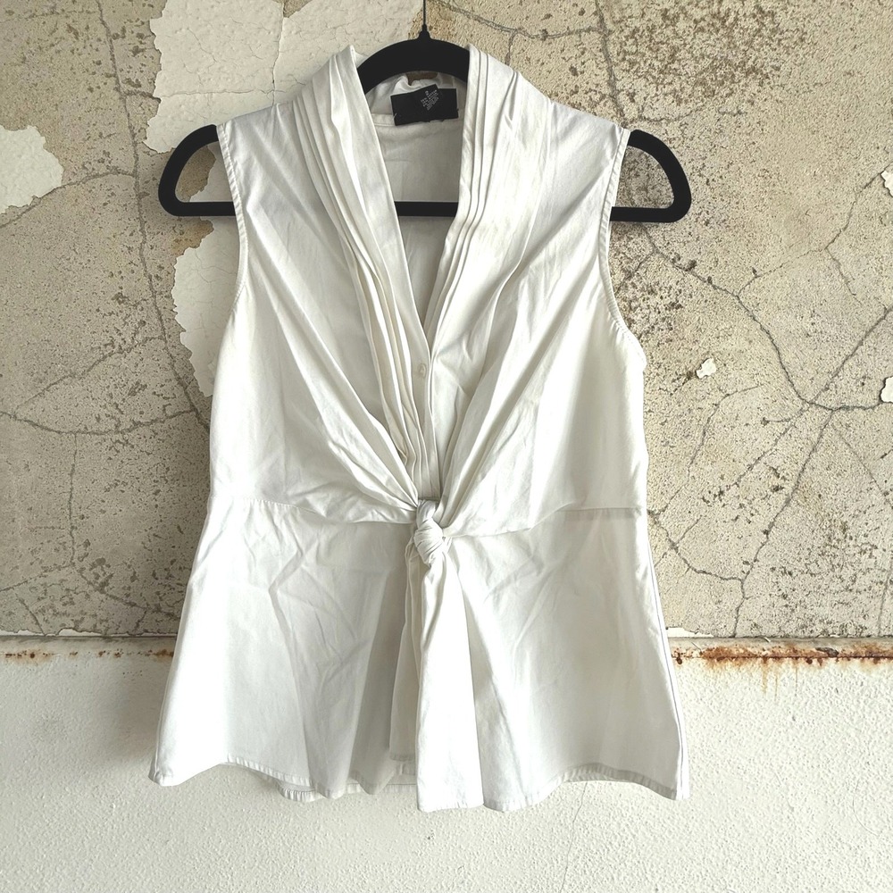 Sleeveless Blouse Tie‎ Front Knot Pleated Collar White Vest Top Alfani Womens 2